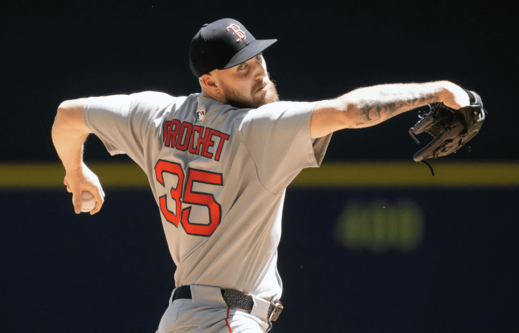 May 26, 2025; Milwaukee, Wisconsin, USA; Boston Red Sox pitcher Garrett Crochet (35) throws a pitch during the first inning against the Milwaukee Brewers at American Family Field. Mandatory Credit: Jeff Hanisch-Imagn Images