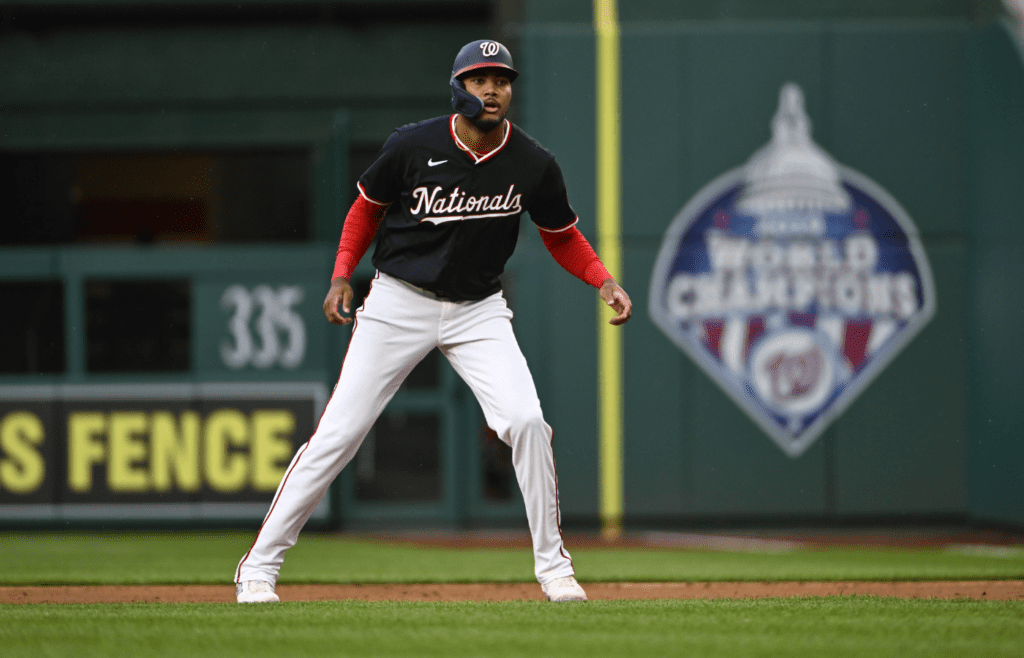 May 22, 2025; Washington, District of Columbia, USA; Washington Nationals outfielder James Wood (29) on base against the Atlanta Braves during the first inning at Nationals Park. Mandatory Credit: Brad Mills-Imagn Images