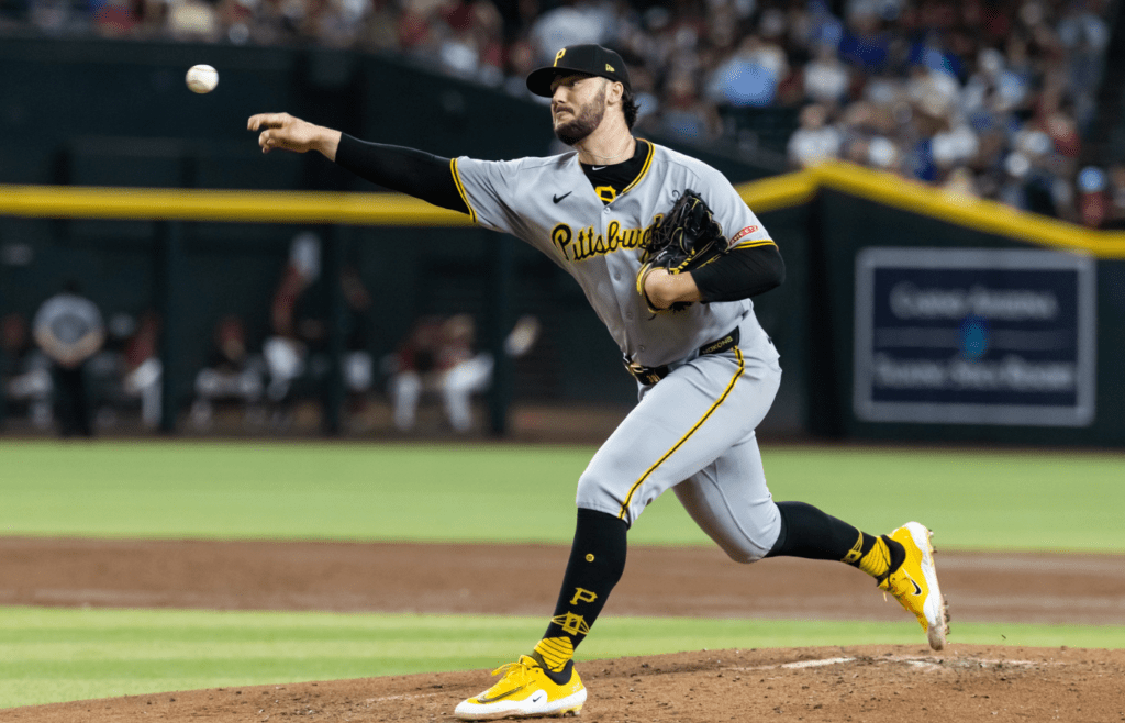 May 28, 2025; Phoenix, Arizona, USA; Pittsburgh Pirates pitcher Paul Skenes against the Arizona Diamondbacks in the second inning at Chase Field. Mandatory Credit: Mark J. Rebilas-Imagn Images