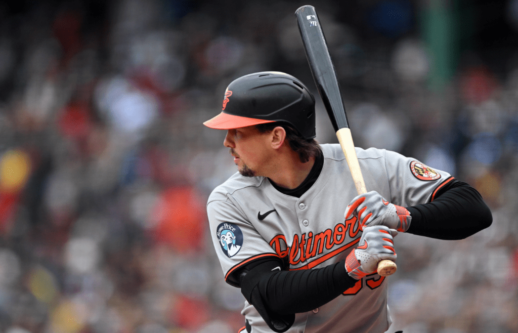 May 25, 2025; Boston, Massachusetts, USA; Baltimore Orioles catcher Adley Rutschman (35) bats against the Boston Red Sox during the first inning at Fenway Park. Mandatory Credit: Brian Fluharty-Imagn Images
