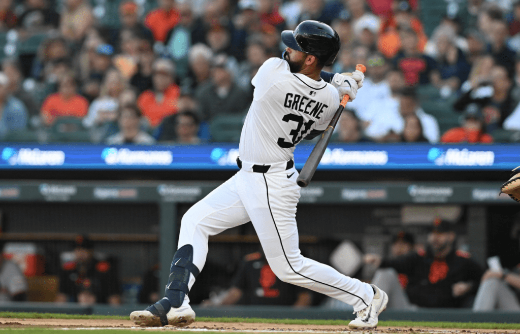May 27, 2025; Detroit, Michigan, USA; Detroit Tigers left fielder Riley Greene (31) hits an RBI double against the San Francisco Giants in the first inning at Comerica Park. Mandatory Credit: Lon Horwedel-Imagn Images