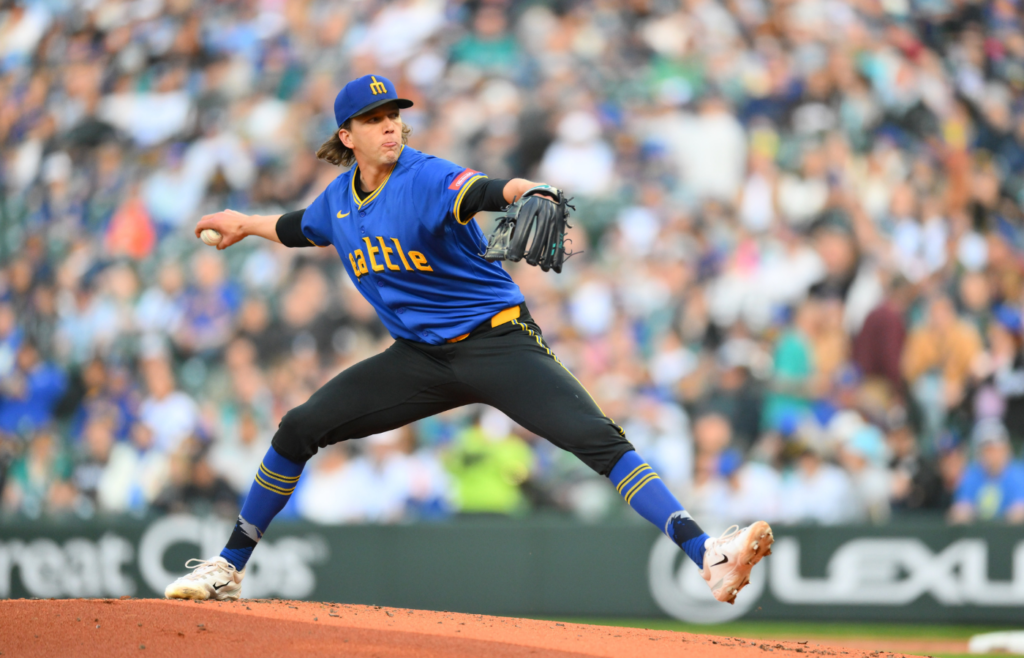 Apr 25, 2025; Seattle, Washington, USA; Seattle Mariners starting pitcher Logan Gilbert (36) pitches to the Miami Marlins during the second inning at T-Mobile Park. Mandatory Credit: Steven Bisig-Imagn Images