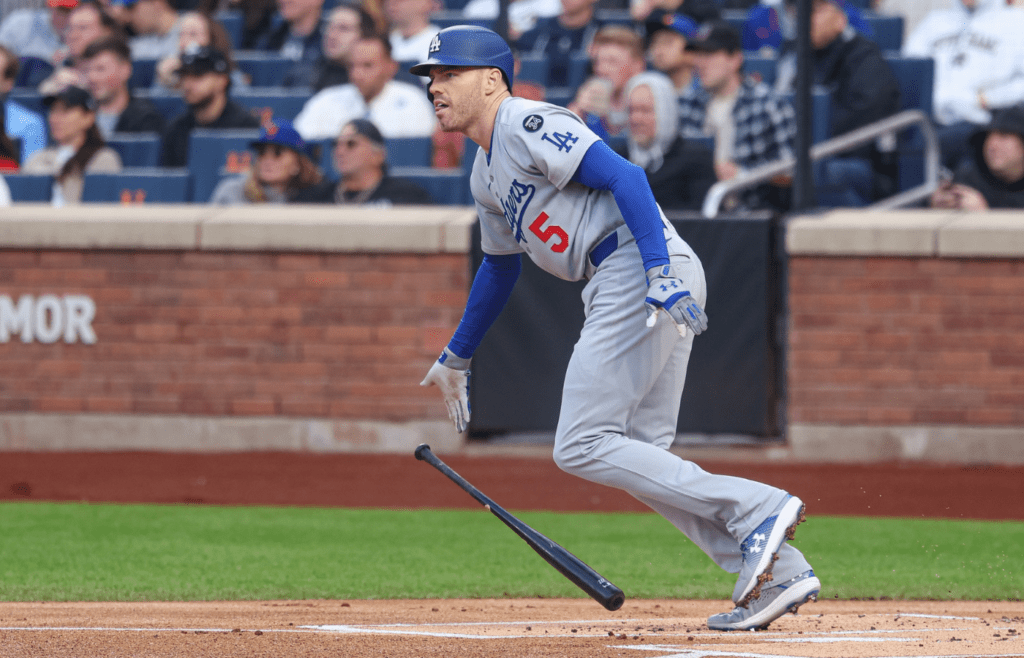 May 25, 2025; New York City, New York, USA; Los Angeles Dodgers first baseman Freddie Freeman (5) doubles during the first inning against the New York Mets at Citi Field. Mandatory Credit: Vincent Carchietta-Imagn Images
