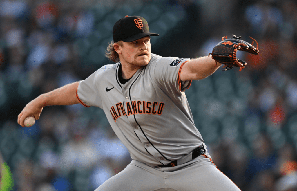 May 27, 2025; Detroit, Michigan, USA; San Francisco Giants starting pitcher Logan Webb (62) throws a pitch against the Detroit Tigers in the first inning at Comerica Park. Mandatory Credit: Lon Horwedel-Imagn Images