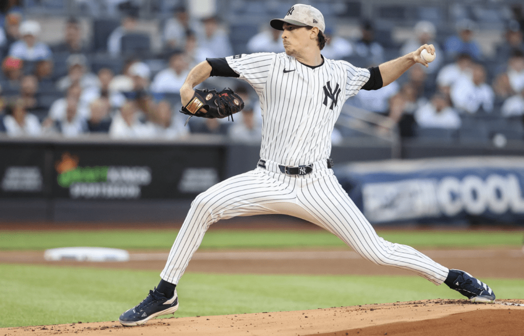 May 18, 2025; Bronx, New York, USA; New York Yankees starting pitcher Max Fried (54) pitches in the first inning against the New York Mets at Yankee Stadium. Mandatory Credit: Wendell Cruz-Imagn Images