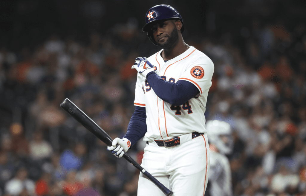 Apr 29, 2025; Houston, Texas, USA; Houston Astros designated hitter Yordan Alvarez (44) reacts after flying out during the sixth inning against the Detroit Tigers at Daikin Park. Mandatory Credit: Troy Taormina-Imagn Images