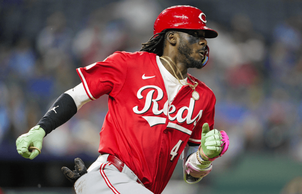 May 28, 2025; Kansas City, Missouri, USA; Cincinnati Reds shortstop Elly De La Cruz (44) runs toward first base after hitting a double during the eighth inning against the Kansas City Royals at Kauffman Stadium. Mandatory Credit: Jay Biggerstaff-Imagn Images