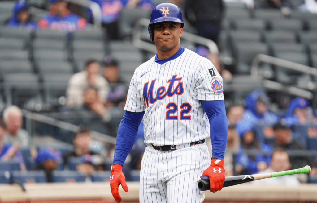 May 28, 2025; New York, New York, USA; New York Mets right fielder Juan Soto (22) reacts after striking out during the game against the Chicago White Sox at Citi Field. Mandatory Credit: Lucas Boland-Imagn Images