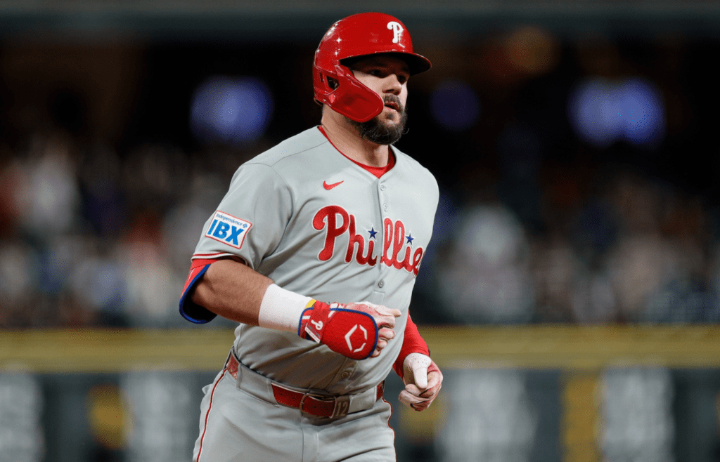 May 20, 2025; Denver, Colorado, USA; Philadelphia Phillies designated hitter Kyle Schwarber (12) rounds the bases on a solo home run in the seventh inning against the Colorado Rockies at Coors Field. Mandatory Credit: Isaiah J. Downing-Imagn Images