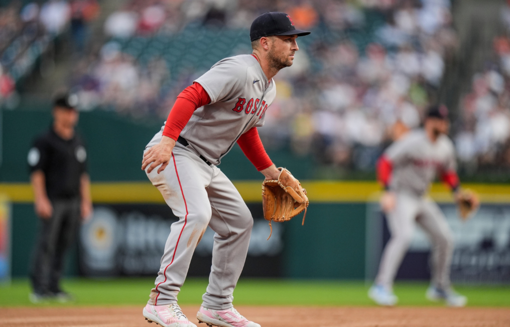 Boston Red Sox third baseman Alex Bregman (2) looks on during the fourh inning against Detroit Tigers at Comerica Park in Detroit on Wednesday, May 14, 2025