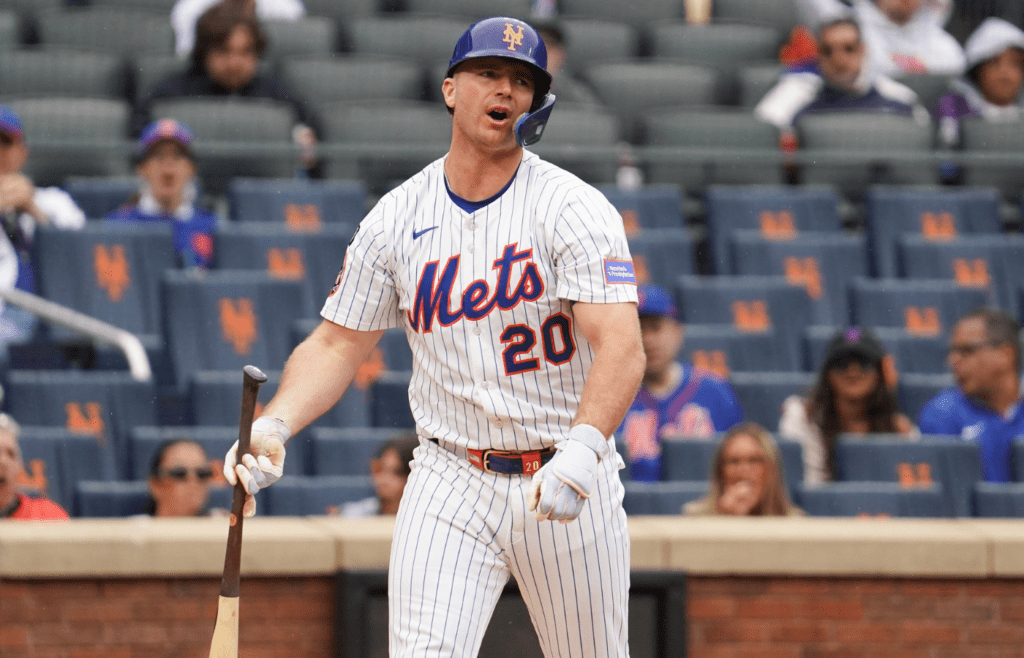 May 28, 2025; New York, New York, USA; New York Mets first baseman Pete Alonso (20) reacts after being hit by a pitch during the first inning against the Chicago White Sox at Citi Field. Mandatory Credit: Lucas Boland-Imagn Images