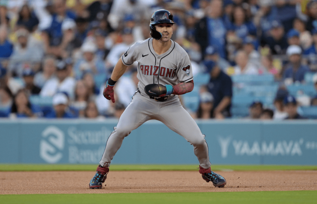 May 21, 2025; Los Angeles, California, USA; Arizona Diamondbacks right fielder Corbin Carroll (7) during the first inning against the Los Angeles Dodgers at Dodger Stadium. Mandatory Credit: Jayne Kamin-Oncea-Imagn Images