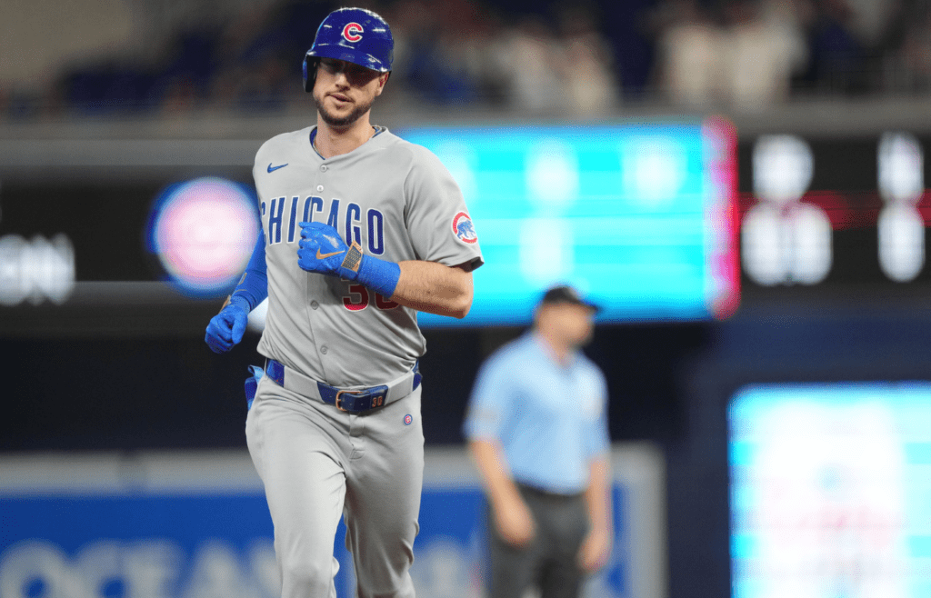 May 21, 2025; Miami, Florida, USA; Chicago Cubs designated hitter Kyle Tucker (30) rounds the bases after a solo home run in the first inning against the Miami Marlins at loanDepot Park. Mandatory Credit: Jim Rassol-Imagn Images