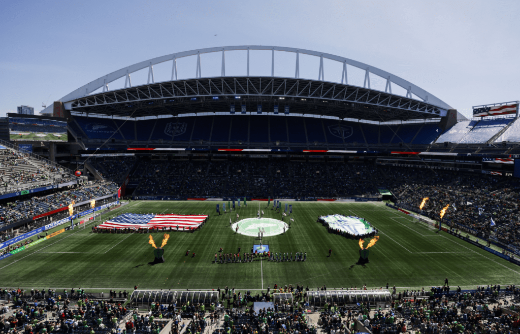 May 24, 2025; Seattle, Washington, USA; General view of Lumen Field during the national anthem before a game between the Seattle Sounders FC and FC Dallas. Mandatory Credit: Joe Nicholson-Imagn Images