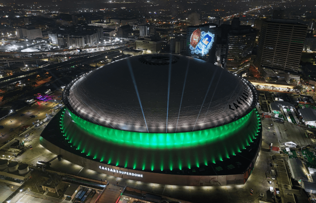 Feb 10, 2025; New Orleans, LA, USA; A general overall view of the Caesars Superdome illuminated in green after the Philadelphia Eagles victory over the Kansas City Chiefs in Super Bowl LIX. Mandatory Credit: Kirby Lee-Imagn Images
