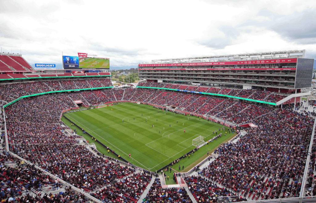 May 6, 2023; Santa Clara, California, USA; An overhead view of Levi's Stadium during the first half of a match between the San Jose Earthquakes and the Los Angeles FC. Mandatory Credit: Darren Yamashita-Imagn Images