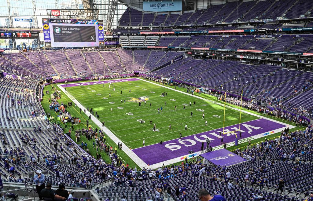 Oct 20, 2024; Minneapolis, Minnesota, USA; A general view of U.S. Bank Stadium before the game between the Minnesota Vikings and the Detroit Lions. Mandatory Credit: Jeffrey Becker-Imagn Images