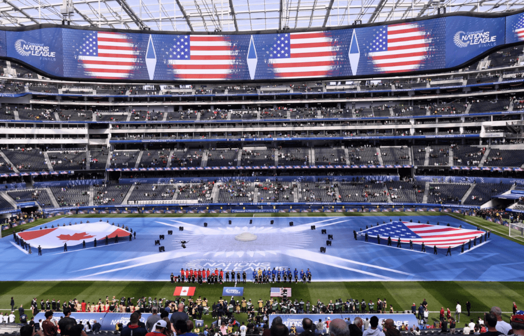 Mar 23, 2025; Inglewood, California, USA; A general view of pregame activities before the Concacaf Nations League third place match between the United States of America and Canada at SoFi Stadium. Mandatory Credit: Alex Gallardo-Imagn Images
