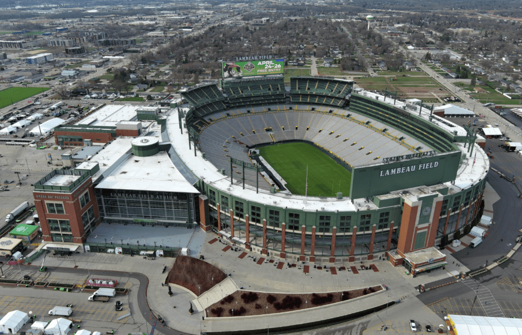 Apr 23, 2025; Green Bay, WI, USA; A general overall aerial view of Lambeau Field, the site of the 2025 NFL Draft. Mandatory Credit: Kirby Lee-Imagn Images