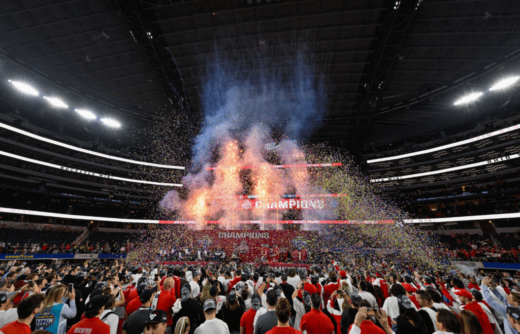 Jan 10, 2025; Arlington, TX, USA; A view of the fireworks and the confetti as the Ohio State Buckeyes celebrate after the game between the Texas Longhorns and the Ohio State Buckeyes at AT&T Stadium. Mandatory Credit: Jerome Miron-Imagn Images