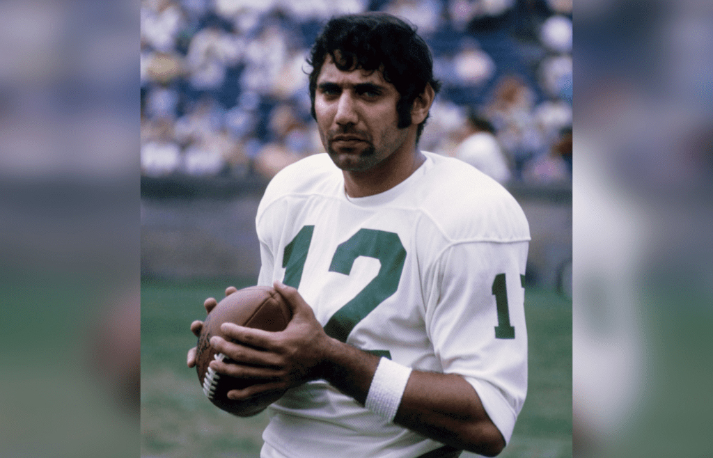 Aug 1969; New Haven, CT, USA; FILE PHOTO; New York Jets quarterback Joe Namath (12) on the sideline against the New York Giants during the 1969 pre-season at the Yale Bowl. Mandatory Credit: Malcolm Emmons-Imagn Images