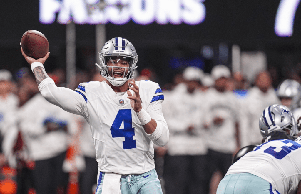 Nov 3, 2024; Atlanta, Georgia, USA; Dallas Cowboys quarterback Dak Prescott (4) throws a pass against the Atlanta Falcons during the second half at Mercedes-Benz Stadium. Mandatory Credit: Dale Zanine-Imagn Images