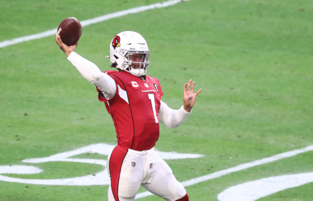 Dec 20, 2020; Glendale, Arizona, USA; Arizona Cardinals quarterback Kyler Murray (1) against the Philadelphia Eagles at State Farm Stadium. Mandatory Credit: Mark J. Rebilas-Imagn Images