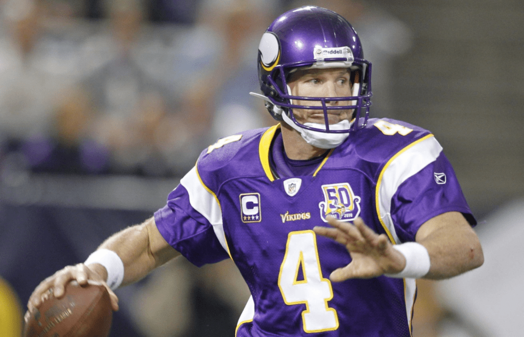 Nov 7, 2010; Minneapolis, MN, USA; Minnesota Vikings quarterback Brett Favre (4) passes against the Arizona Cardinals in the third quarter at the Metrodome. The Minnesota Vikings win 27-24.