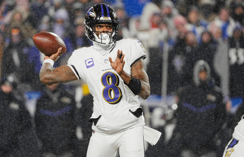 Baltimore Ravens quarterback Lamar Jackson gets off a pass during first half action during the Buffalo Bills divisional game against the Baltimore Ravens at Highmark Stadium in Orchard Park on Jan. 19, 2025