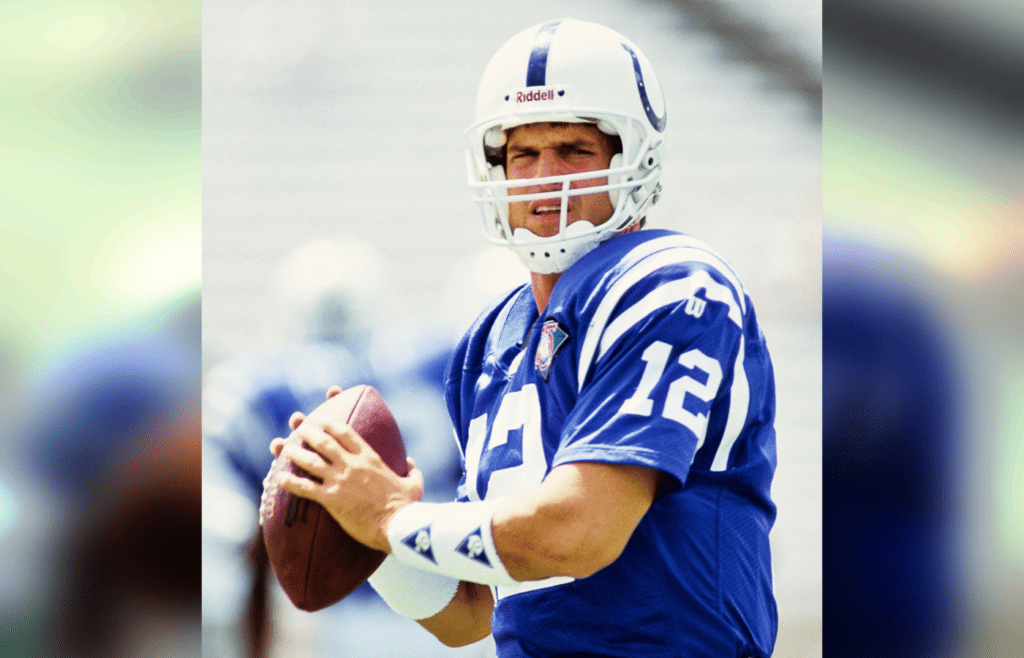 Sep 11, 1994; Tampa, FL, USA; Indianapolis Colts quarterback Jim Harbaugh (12) warms up on the field prior to a game against the Tampa Bay Buccaneers at Tampa Stadium. Mandatory Credit: Michael C. Hebert-USA TODAY NETWORK