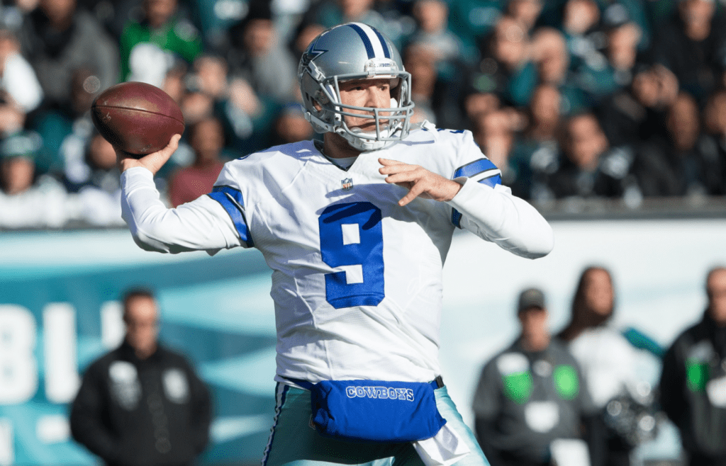 Jan 1, 2017; Philadelphia, PA, USA; Dallas Cowboys quarterback Tony Romo (9) passes the ball against the Philadelphia Eagles during the second quarter at Lincoln Financial Field. Mandatory Credit: Bill Streicher-Imagn Images