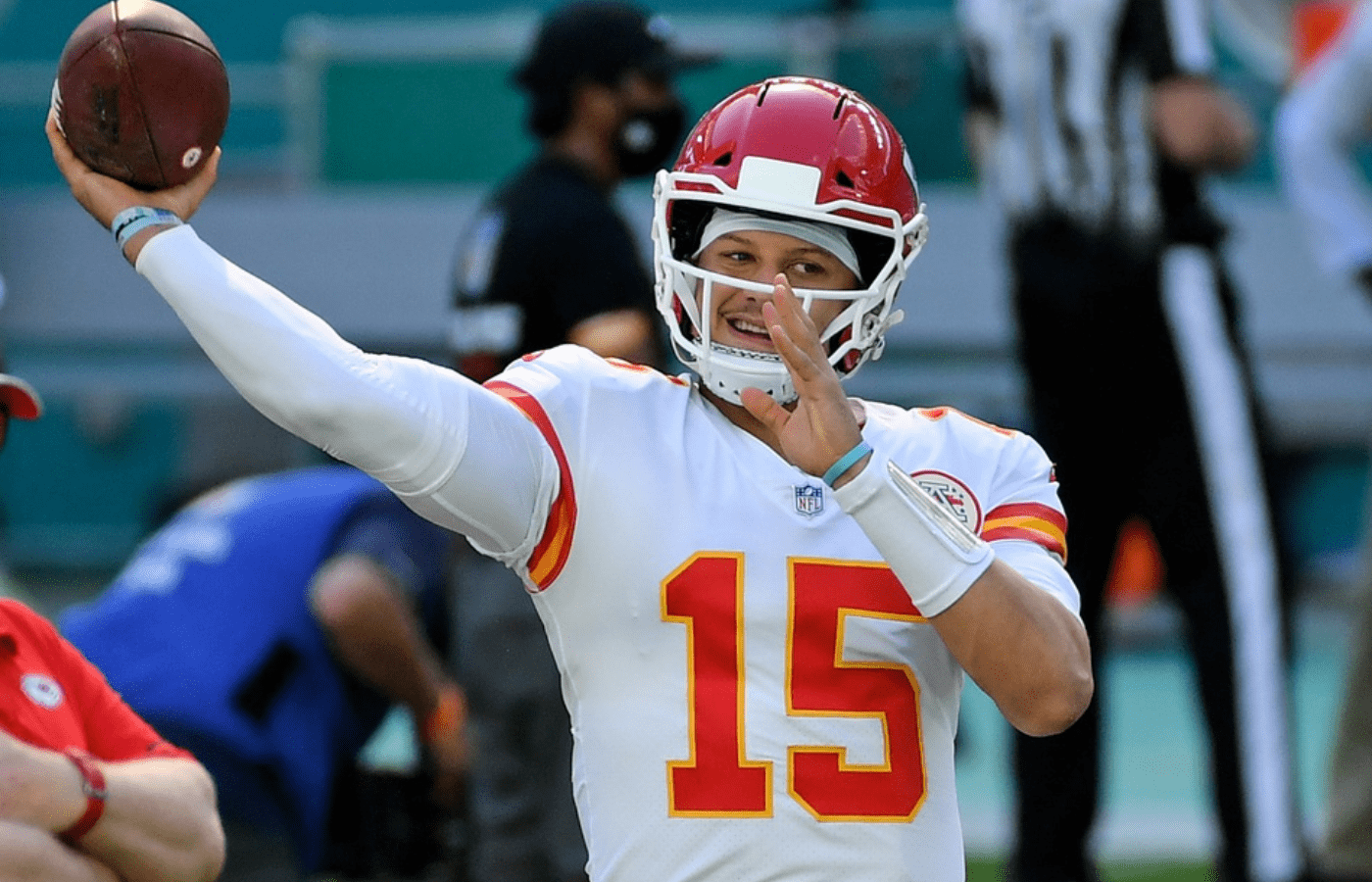 Dec 13, 2020; Miami Gardens, Florida, USA; Kansas City Chiefs quarterback Patrick Mahomes (15) warms up prior to the game against the Miami Dolphins at Hard Rock Stadium. Mandatory Credit: Jasen Vinlove-Imagn Images
