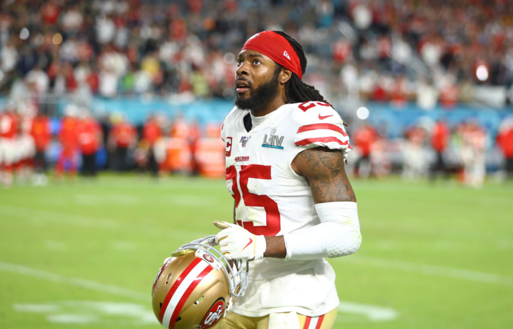 Feb 2, 2020; Miami Gardens, Florida, USA; San Francisco 49ers cornerback Richard Sherman (25) reacts during Super Bowl LIV against the Kansas City Chiefs at Hard Rock Stadium. Mandatory Credit: Mark J. Rebilas-Imagn Images
