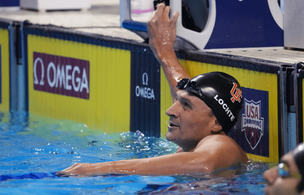 Jun 17, 2021; Omaha, Nebraska, USA; Ryan Lochte reacts in the Men s 200m Individual Medley Semifinals Heat 1 during the U.S. Olympic Team Trials Swimming competition at CHI Health Center Omaha. Mandatory Credit: Rob Schumacher-Imagn Images