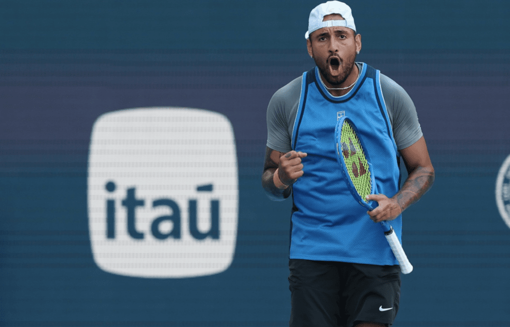 Mar 19, 2025; Miami, FL, USA; Nick Kyrgios (AUS) reacts after winning a point against Mackenzie McDonald (USA)(not pictured) on day two of the Miami Open at Hard Rock Stadium. Mandatory Credit: Geoff Burke-Imagn Images