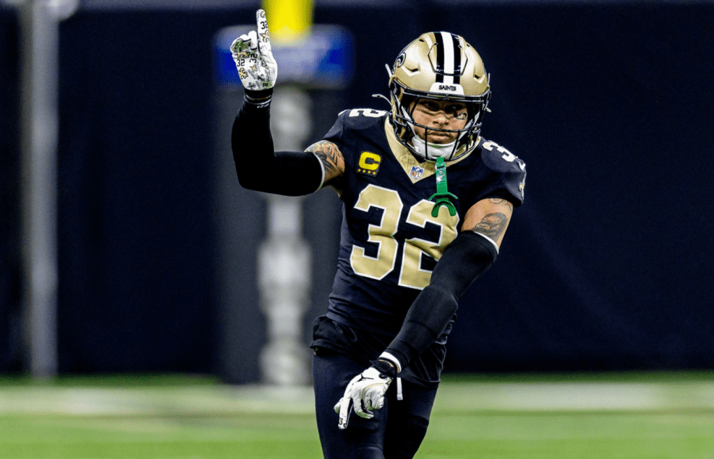 Dec 29, 2024; New Orleans, Louisiana, USA; New Orleans Saints safety Tyrann Mathieu (32) reacts to a play against the Las Vegas Raiders during the second half at Caesars Superdome. Mandatory Credit: Stephen Lew-Imagn Images