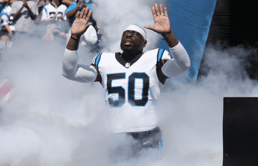 Oct 1, 2023; Charlotte, North Carolina, USA; Carolina Panthers linebacker Justin Houston (50) takes the field during the first half against the Minnesota Vikings at Bank of America Stadium. Mandatory Credit: Jim Dedmon-Imagn Images