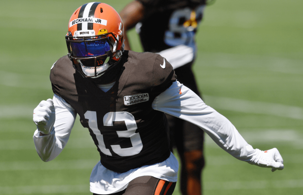 Aug 19, 2020; Berea, Ohio, USA; Cleveland Browns wide receiver Odell Beckham Jr. (13) runs a route during training camp at the Cleveland Browns training facility. Mandatory Credit: Ken Blaze-Imagn Images
