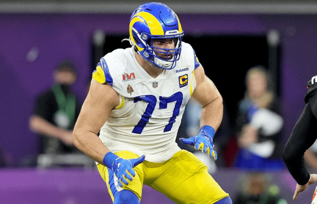 Los Angeles Rams offensive tackle Andrew Whitworth (77) blocks against Cincinnati Bengals defensive end Trey Hendrickson (91) in the second quarter during Super Bowl 56, Sunday, Feb. 13, 2022, at SoFi Stadium in Inglewood, Calif.