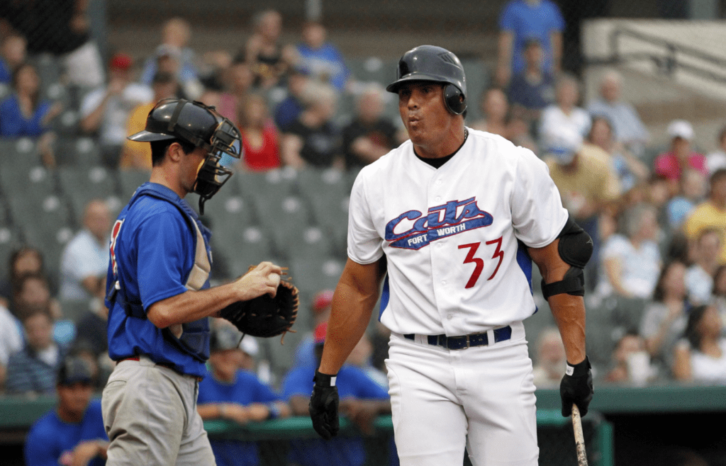 May 23, 2013; Fort Worth, TX, USA; Fort Worth Cats designated hitter Jose Canseco (33) reacts to striking out in the bottom of the first inning of the game against the Edinburg Roadrunners at LaGrave Field in Fort Worth. Mandatory Credit: Tim Heitman-Imagn Images