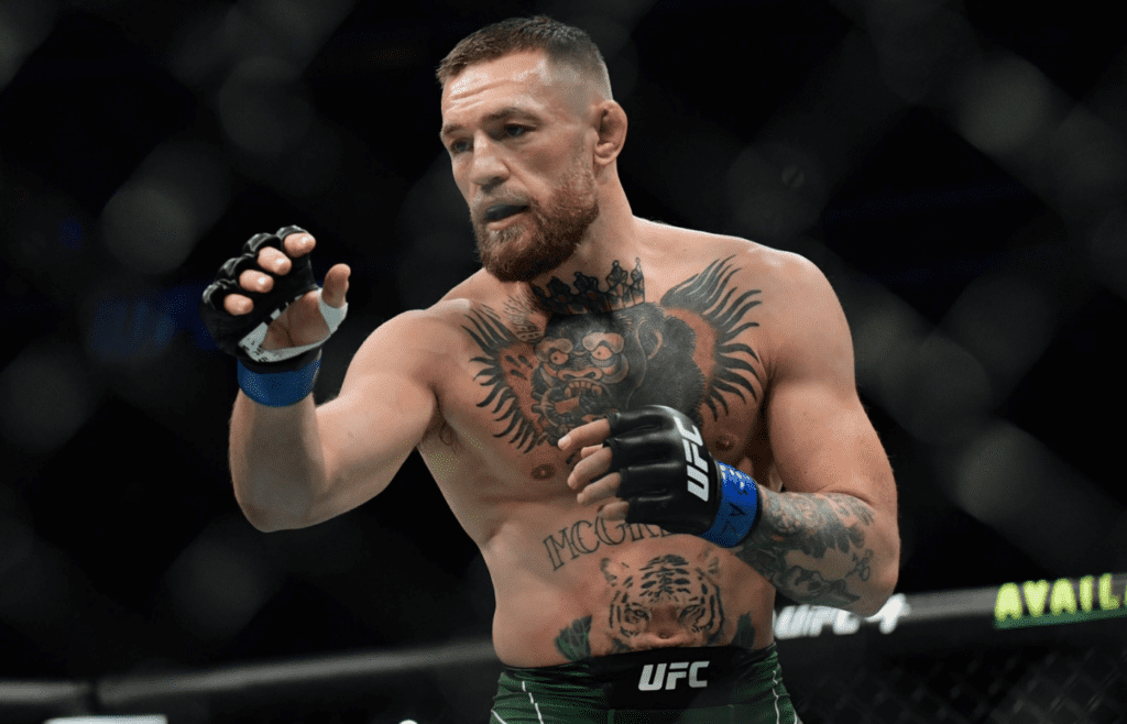 Jul 10, 2021; Las Vegas, Nevada, USA; Conor McGregor fights Dustin Poirier during UFC 264 at T-Mobile Arena. Mandatory Credit: Gary A. Vasquez-Imagn Images