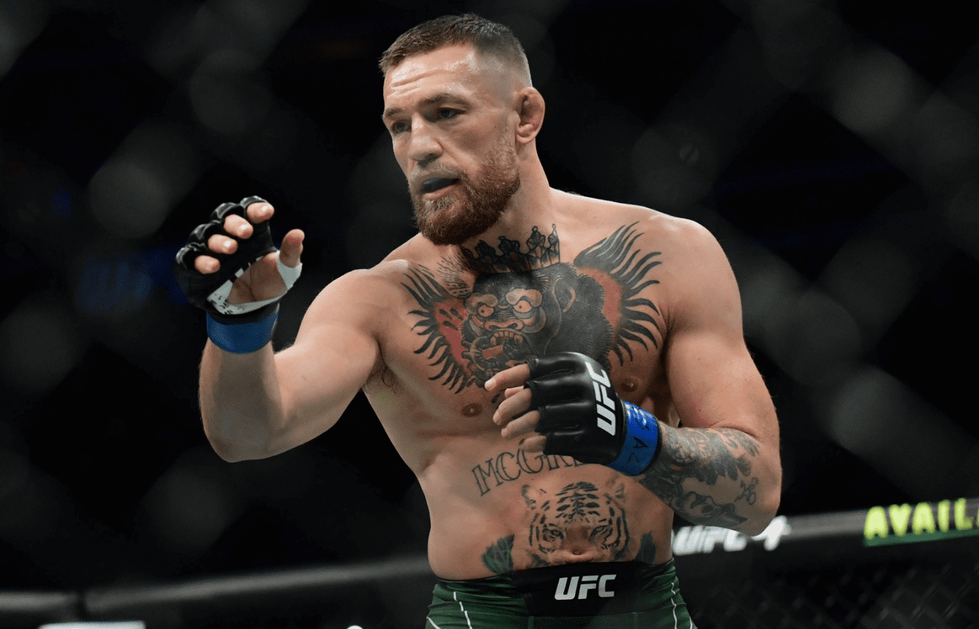 Jul 10, 2021; Las Vegas, Nevada, USA; Conor McGregor fights Dustin Poirier during UFC 264 at T-Mobile Arena. Mandatory Credit: Gary A. Vasquez-Imagn Images