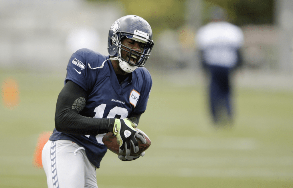 Aug 8, 2012; Renton, WA, USA; NFL: Seattle Seahawks wide receiver Terrell Owens (10) catches a pass during training camp practice at the Virginia Mason Athletic Center. Mandatory Credit: Joe Nicholson-Imagn Images