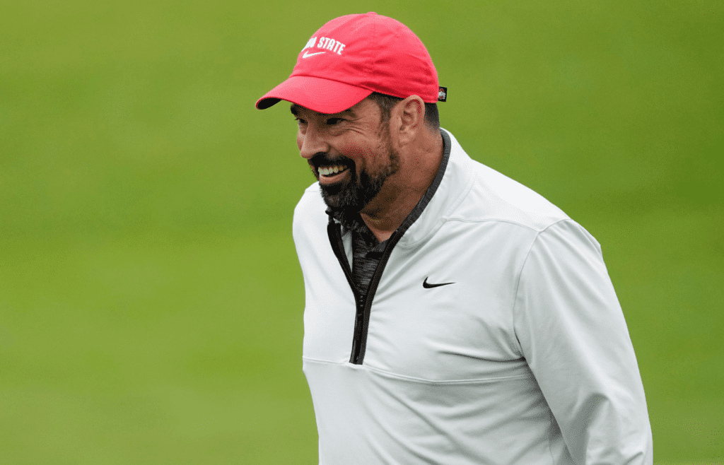 Ohio State football head coach Ryan Day reacts after his putt on 18 during the Workday Golden Bear Pro-Am at Muirfield Village Golf Club in Dublin, Ohio on May 28, 2025