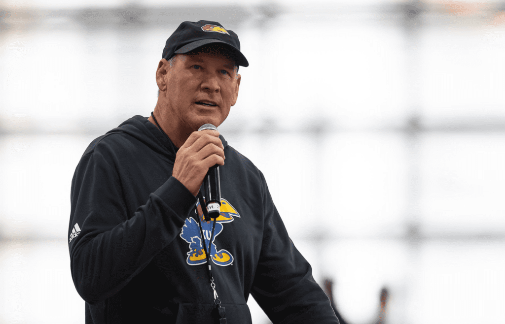 Kansas head coach Lance Leipold speaks to the fans during Kansas Football Fan Appreciation Day Saturday, April. 5, 2025 at the Kansas Football Indoor Practice Facility in Lawrence, Kan.
