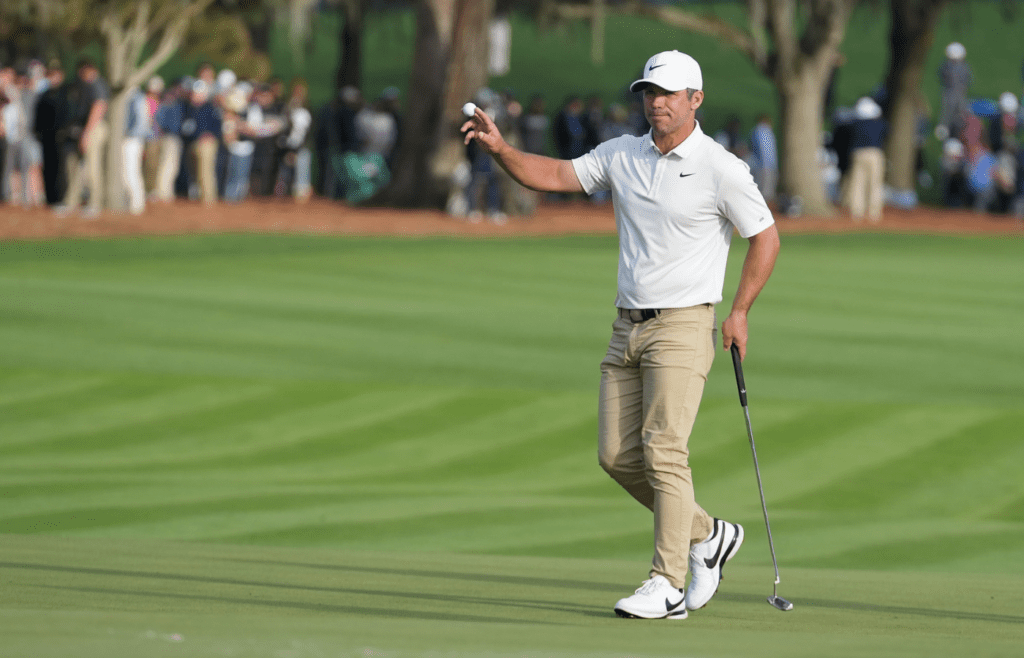 Mar 14, 2022; Ponte Vedra Beach, Florida, USA; Paul Casey celebrates a birdie putt during the delayed final round of The Players Championship golf tournament at TPC Sawgrass. Mandatory Credit: David Yeazell-Imagn Images