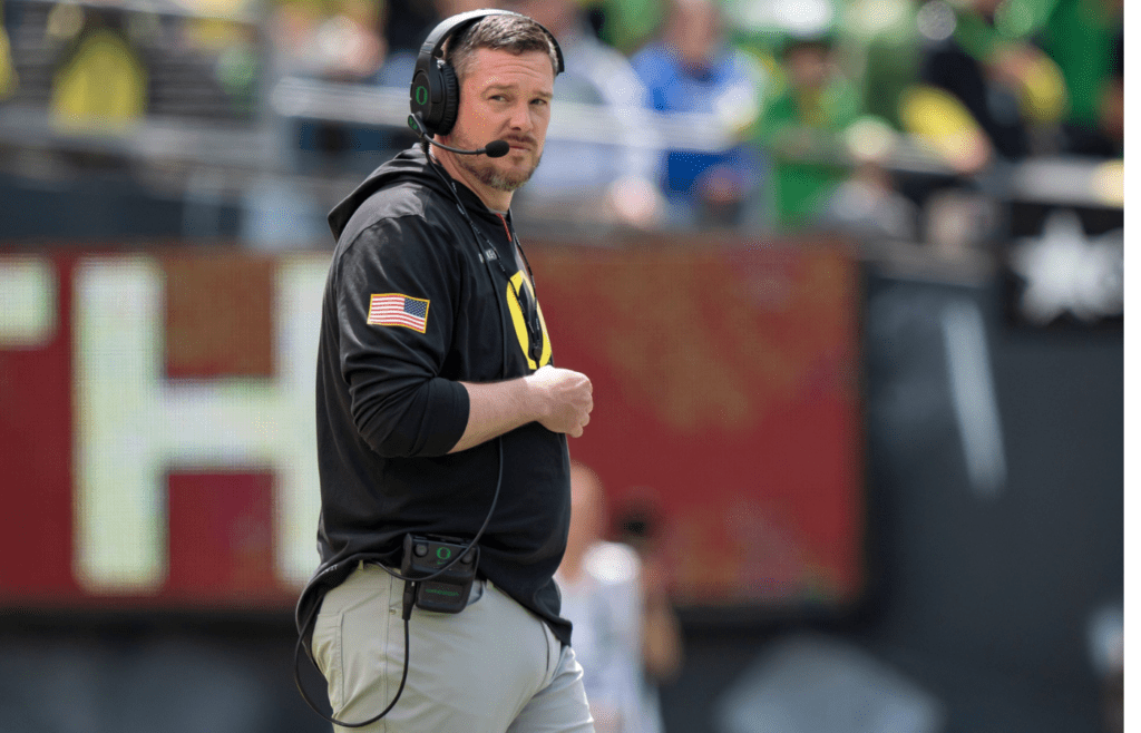 Oregon coach Dan Lanning oversees his team as the Fighting Ducks face off against Mighty Oregon in the Oregon Ducks spring game on April 26, 2025, at Autzen Stadium in Eugene