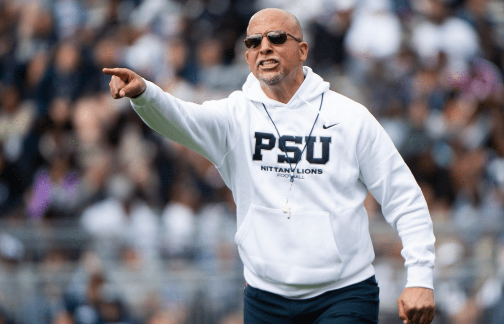 Penn State head football coach James Franklin reacts to something on the sideline during the Blue-White game at Beaver Stadium on Saturday, April 26, 2025, in State College. The White team defeated the Blue team, 10-8