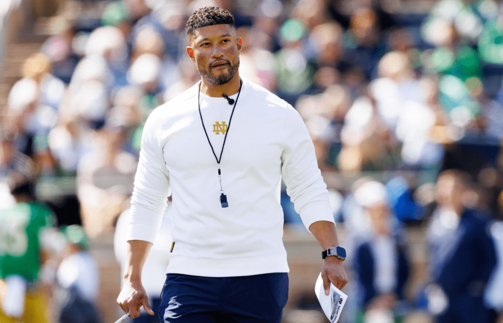 Notre Dame head coach Marcus Freeman during the Notre Dame Blue-Gold spring football game at Notre Dame Stadium on Saturday, April 12, 2025, in South Bend.