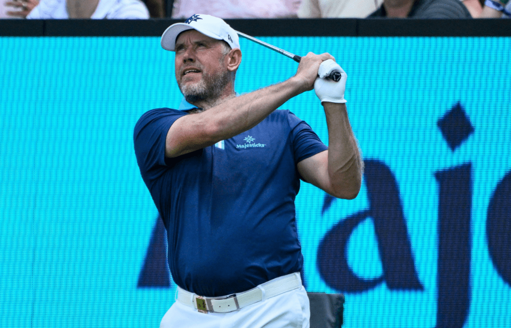Jun 21, 2024; Nashville, Tennessee, USA; Lee Westwood of Majesticks GC hits a tee shot at the 15th hole at The Grove. Mandatory Credit: Steve Roberts-Imagn Images